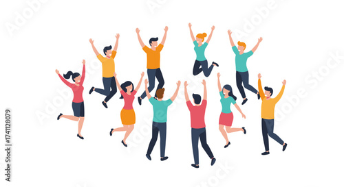 Group of happy people celebrating with joyful jumping poses on white background