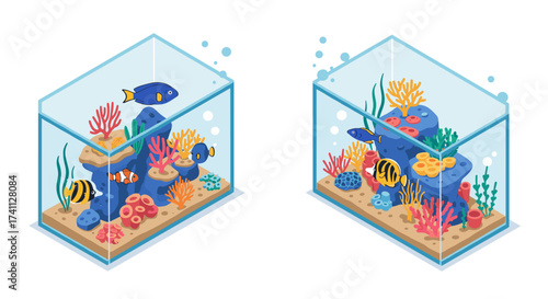 Isometric aquarium designs with colorful coral and fish