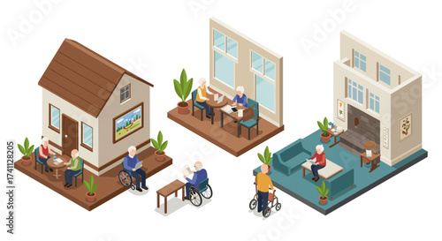 Isometric seniors engaging in activities at home and community spaces