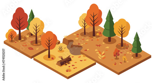 Isometric autumn forest scene with colorful trees and fallen leaves
