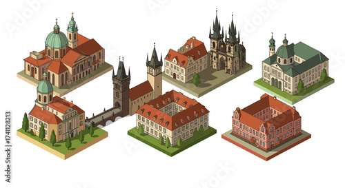 Isometric european architectural landmarks set with historic buildings and churches
