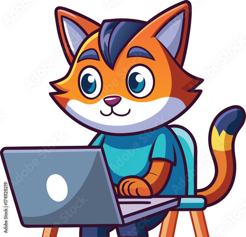 Cartoon Cat Using Laptop