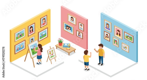 Isometric art gallery with people viewing and discussing paintings