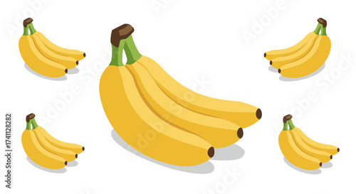 Isometric banana bunches on white background with five arranged clusters