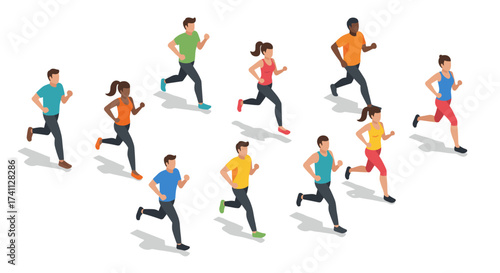 Isometric running group: diverse people jogging together in bright activewear