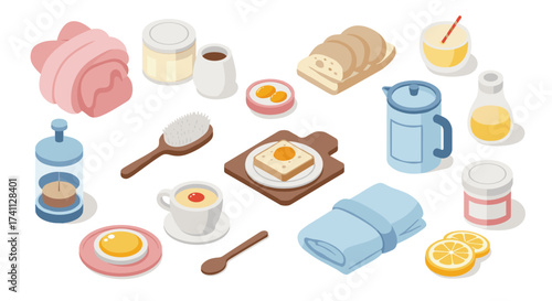 Isometric breakfast essentials with toast, juice, and coffee - morning routine items