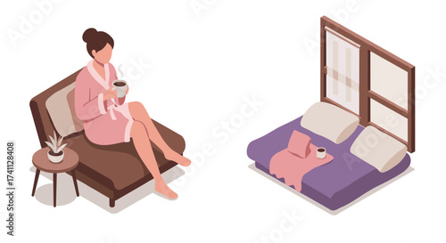 Cozy morning routine with coffee relaxing at home in isometric style