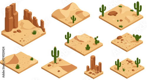 Desert landscape isometric set with cacti and sand dunes