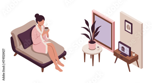 Cozy morning in isometric living room with relaxing woman in bathrobe