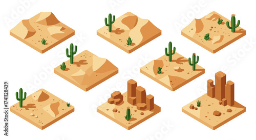 Isometric desert tiles with cacti and rocks for game design and animation