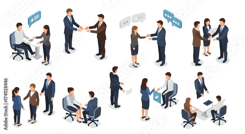 Isometric business meeting and teamwork scenes with diverse office interactions