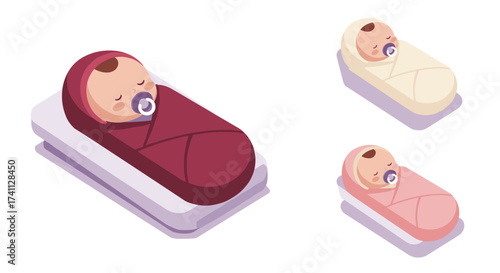 Isometric baby swaddle set with pacifiers in three colors