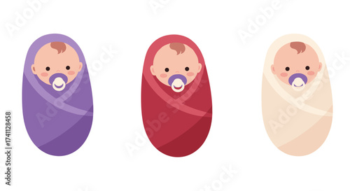Adorable babies wrapped in swaddles with pacifiers in pastel colors