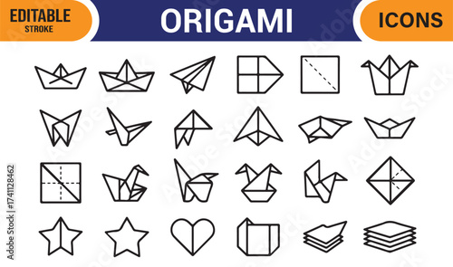 Japanese origami art icons – line art vector illustrations of folded paper creations.