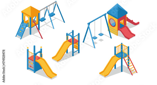 Colorful isometric playground equipment with slides and swings collection