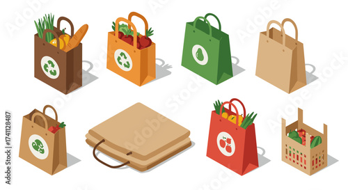 Eco-friendly shopping bags and fresh produce in isometric design for sustainable living