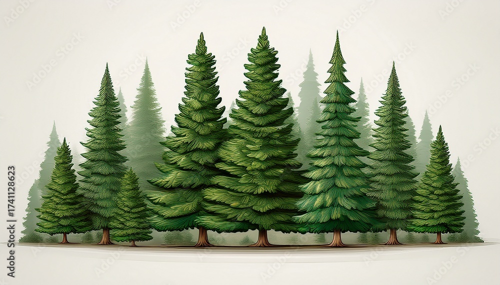 Fototapeta premium majestic evergreen coniferous trees isolated on white background 3d fir pine tall leaf plant image