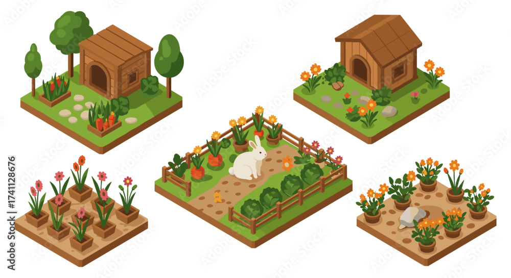 Naklejka premium Isometric garden scenes with cute rabbit and flower beds