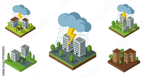 Isometric weather scenes with thunderstorm and clear skies over urban buildings