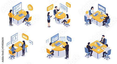 Isometric office collaboration scenes with diverse teams in meetings and discussions
