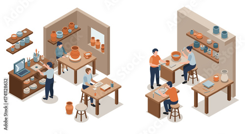 Isometric pottery workshop scene with people crafting ceramics in modern studio
