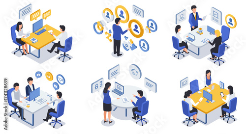 Isometric business meeting and teamwork concepts in modern office settings