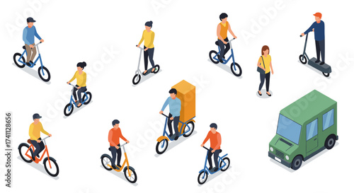 Urban commuting: isometric people riding scooters and bicycles in city traffic