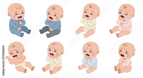 Crying babies in various outfits: expressive baby emotions flat art
