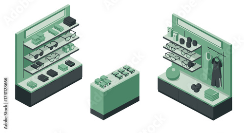 Isometric fashion store display featuring shelves with glasses, clothing, and accessories