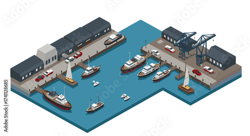 Isometric marina with boats and cranes in a busy harbor scene