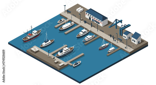 Isometric harbor scene with boats and docked vessels in a modern marina