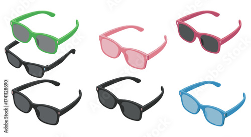 Colorful sunglasses collection: green, pink, black, blue shades in isometric design