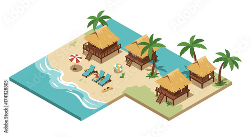 Tropical beach resort with palms and bungalows in isometric style