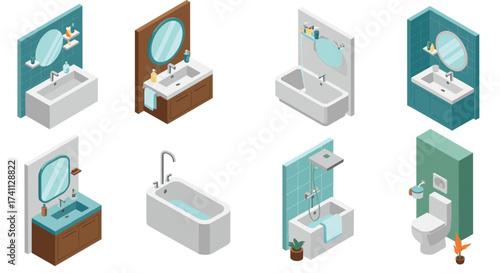 Modern bathroom interior elements set with isometric design