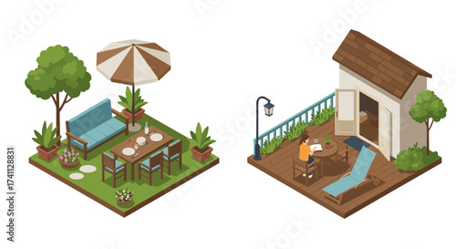 Isometric garden patio and rooftop terrace with furniture and plants