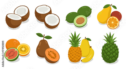 Colorful isometric tropical fruits collection with coconuts and citrus variety