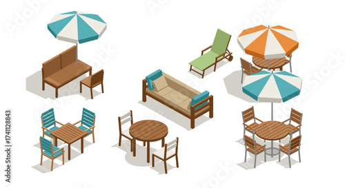 Isometric patio furniture set with umbrellas and chairs for outdoor spaces