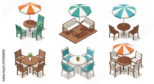 Isometric outdoor furniture sets with umbrellas in various styles