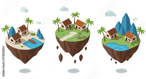 Floating islands with houses and tropical scenery in 3d isometric art style