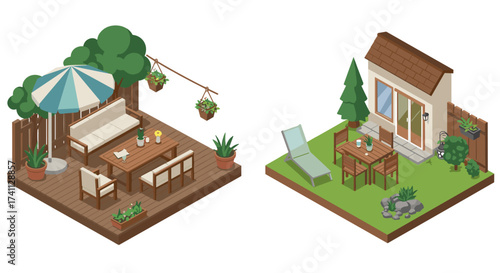 Cozy backyard retreats in isometric art style with outdoor furniture and lush greenery