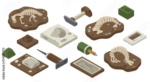Isometric fossil excavation elements with archaeological tools and dinosaur skeletons