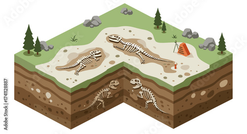Isometric dinosaur fossil excavation scene with archeological dig and skeletons