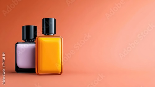 Wallpaper Mural Two modern perfume bottles in vibrant colors, standing elegantly against a soft peach background, showcasing the artistry of fragrance design and beauty trends. Torontodigital.ca