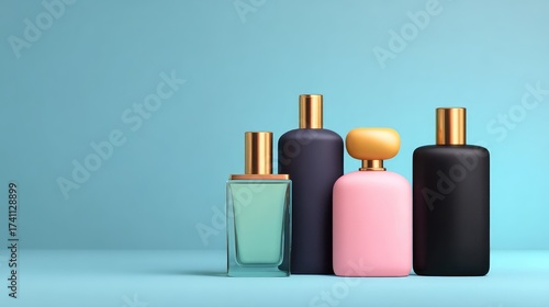 Elegant Collection of Fragrance Bottles in Soft Color Palette Against Blue Background, Perfect for Beauty, Fashion, and Lifestyle Themes, Stylish Presentation for Various Uses