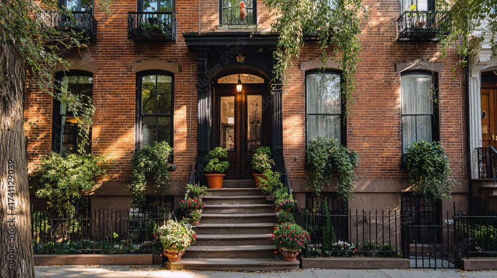 Fototapeta premium Charming brick townhouse exterior with black trim potted flowers urban residential street curb appeal NYC style.
