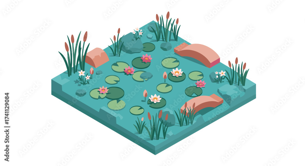 Naklejka premium Isometric tranquil pond scene with lily pads and wooden bridges