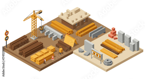 Isometric construction site with crane and building materials on display