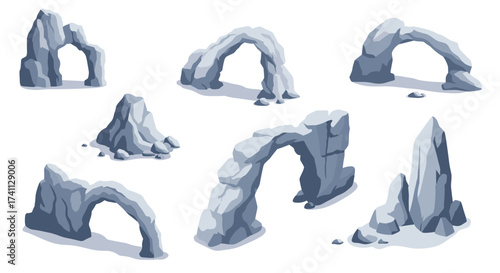 Collection of stylized rock formations with natural arch shapes and textures