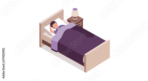 Isometric bedroom scene with sleeping person in bed and nightstand lamp