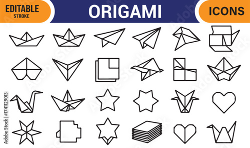 Editable stroke origami vector set – minimal paper craft line art for design and education.